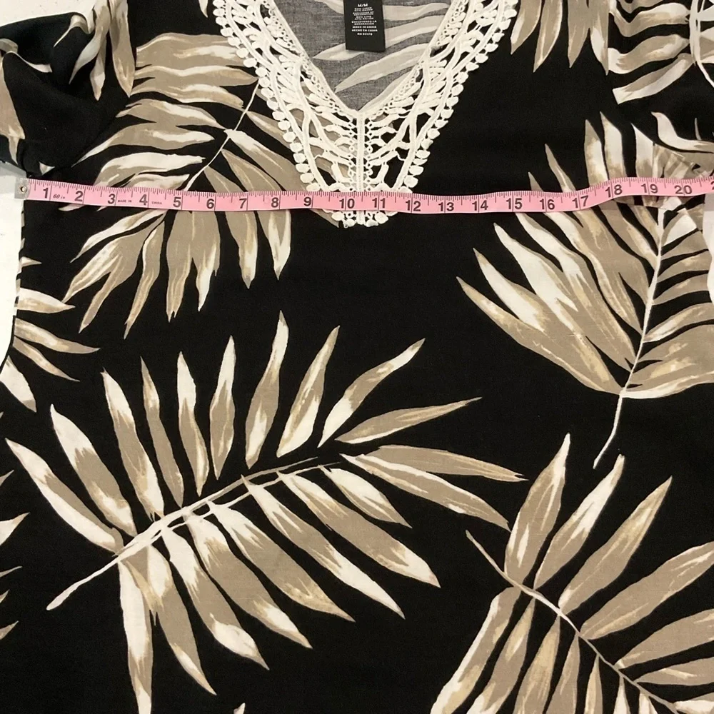 Premise Linen Blend Tunic Black/Tan Lace Palm Leaves V-neck Boho Women’s Medium